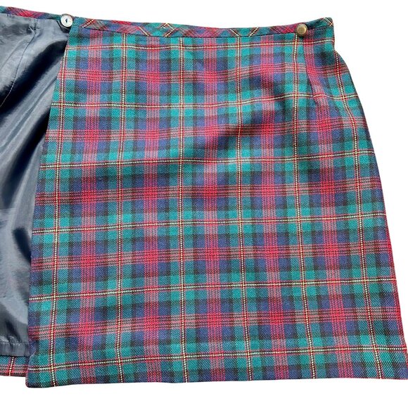 Vtg Eddie Bauer 90s Wool Plaid Wrap Skirt Green Red Tartan Preppy Academia Sz 6 - Picture 7 of 10